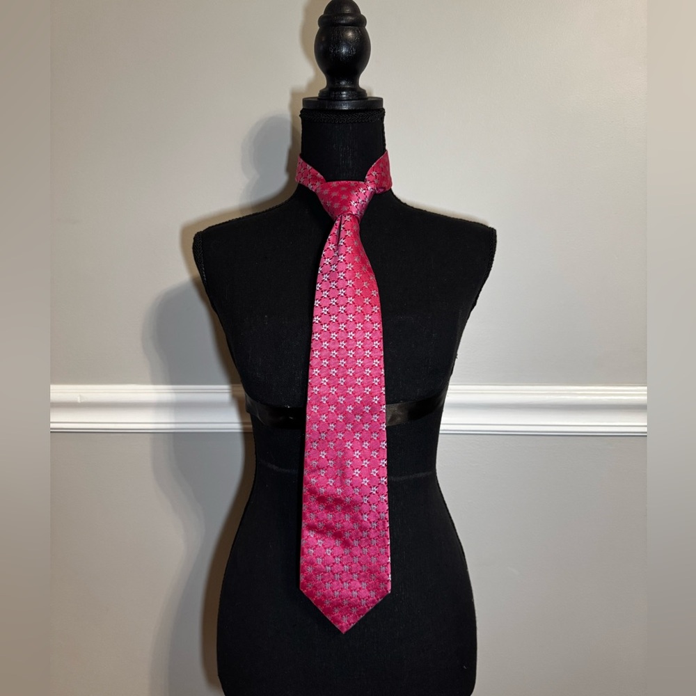 Celine Men’s Silk Floral Geometrical Neck Tie in Hot Pink-Red/Gray